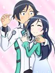  1girl aragaki_ayase black_hair blue_eyes closed_eyes commentary_request company_connection cosplay dengeki_bunko finger_on_trigger gun hayami_saori hug kousaka_kyousuke long_hair mahouka_koukou_no_rettousei nakamura_yuuichi nikukyuu_(vento-aureo-giogio) open_mouth ore_no_imouto_ga_konna_ni_kawaii_wake_ga_nai parody school_uniform seiyuu_connection shiba_miyuki shiba_tatsuya smile weapon yandere 