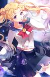  bishoujo_senshi_sailor_moon blonde_hair blue_eyes blue_sailor_collar bow brooch crystal double_bun finger_to_mouth full_moon highres jewelry juuban_middle_school_uniform lace long_hair moon red_bow sailor_collar school_uniform skirt solo space sparkle tsukino_usagi tukino_(panna) twintails 