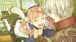  1girl atelier_(series) atelier_escha_&amp;_logy blush breasts choker cleavage closed_eyes crying escha_malier game_cg hat hidari_(left_side) logix_ficsario looking_at_another medium_breasts nose_blush official_art open_mouth pink_hair profile shoes short_hair tears twintails white_hair white_legwear 