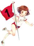  bandaid bandaid_on_knee blush brown_eyes brown_hair buruma flag full_body gym_uniform hair_ornament hairclip highres igarashi_maina namanie numbered_flag official_art open_mouth psycome shoes short_hair simple_background sneakers socks solo tears wavy_mouth white_background 