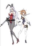  animal_ears assault_rifle bare_shoulders bell belt black_footwear black_school_swimsuit breasts brown_eyes bunny_girl bunnysuit cat_ears cat_tail character_request covered_navel covered_nipples fake_animal_ears five-seven_(gun) grey_legwear grin gun half_updo handgun high_heels hk33 holding holding_gun holding_knife holding_weapon knife large_breasts legband light_brown_hair long_hair long_legs looking_at_viewer looking_back m4_carbine multiple_girls one-piece_swimsuit original pantyhose puffy_nipples red_footwear rifle school_swimsuit scowl shoes short_hair silver_hair smile swimsuit tail thighhighs two_side_up utility_belt weapon white_background white_legwear wrist_cuffs 