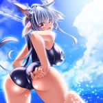  adjusting_clothes adjusting_swimsuit ass bent_over blue_hair blue_skirt breasts cloud day hair_ribbon heart heart-shaped_pupils highres i-19_(kantai_collection) kantai_collection large_breasts long_hair looking_at_viewer looking_back machinery midoriiro_no_shinzou one-piece_swimsuit open_mouth pink_eyes red_eyes ribbon school_swimsuit skirt smile solo sunlight swimsuit symbol-shaped_pupils twintails very_long_hair water 