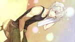  atelier_(series) atelier_escha_&amp;_logy black_shirt brown_eyes dutch_angle game_cg hidari_(left_side) logix_ficsario male_focus official_art open_mouth shirt sitting solo stool sweat tank_top white_hair 