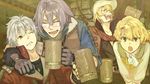  :o alcohol arm_around_neck atelier_(series) atelier_escha_&amp;_logy awin_sidelet beer beer_mug blonde_hair blush clenched_teeth closed_eyes collarbone collared_shirt cup drunk facial_hair game_cg glasses gloves goatee hair_over_one_eye hat hidari_(left_side) holding holding_cup hug indoors logix_ficsario looking_at_viewer micie_sun_mussemburg mug multiple_boys official_art one_eye_closed open_mouth parted_lips reyfer_luckberry rimless_eyewear shirt silver_hair teeth white_hair wood yellow_eyes 