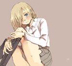  :/ aqua_eyes armin_arlert blonde_hair blush boots christa_renz christa_renz_(cosplay) closed_mouth collared_shirt colored_eyelashes cosplay cross-laced_footwear crossdressing dress_shirt emaru flat_chest hair_over_one_eye hatching_(texture) historiamin knee_boots knees_up lace-up_boots long_sleeves looking_at_viewer male_focus miniskirt otoko_no_ko pleated_skirt purple_background shingeki_no_kyojin shirt simple_background sitting sketch skirt solo sweat thick_thighs thighs white_shirt wing_collar 