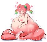  =3 =_= aqua_hair bad_id bad_pixiv_id belly blush breasts full_body gradient_hair hair_bobbles hair_ornament hand_on_own_stomach heart large_breasts monster_girl multicolored_hair nipples nude open_mouth original pink_hair pregnant scylla simple_background sitting slime solo suction_cups tentacles trembling twintails unbirthing white_background yace 