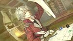  atelier_(series) atelier_escha_&amp;_logy brown_eyes door dutch_angle fingerless_gloves game_cg gloves hidari_(left_side) indoors inkwell logix_ficsario male_focus official_art paper pen ruler solo upper_body white_gloves white_hair 