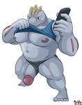  5_toes abs anthro barefoot biceps clothed clothing erection half-dressed humanoid_penis looking_at_viewer machoke maldu male manly muscles navel nintendo nipples pecs penis plain_background pok&#233;mon pok&eacute;mon selfie shirt shirt_lift solo speedo swimsuit tank_top teeth thick_penis toes tongue tongue_out undressing video_games white_background 