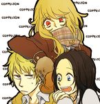  2girls arm_on_head black_hair blonde_hair blue_eyes coat coppelion copyright_name covering_mouth frown grey_eyes hand_on_shoulder kurosawa_haruto long_hair mittens multiple_girls open_mouth orange_eyes ozu_kanon ozu_shion scarf scarf_over_mouth siblings sisters sweater_vest yoguchi 