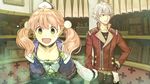  1girl :d atelier_(series) atelier_escha_&amp;_logy blush brown_eyes choker escha_malier game_cg green_eyes hand_on_hip hat hidari_(left_side) jacket jewelry logix_ficsario necklace official_art open_mouth parted_lips pink_hair short_hair smile twintails white_hair 