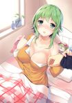  alarm_clock bad_id bad_pixiv_id bare_shoulders bed blanket blush breasts cleavage clock green_eyes green_hair gumi hands large_breasts looking_at_viewer open_mouth pajamas plant short_hair vocaloid yappen 