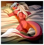  anthro bed bed_sheet bed_sheets biceps dragon eyes_closed hair lapres lying male muscles nude pillow rouken scalie sleeping solo sweat 