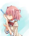  bad_id bad_pixiv_id dripping food hair_ribbon kaname_madoka licking_hand mahou_shoujo_madoka_magica pink_eyes pink_hair popsicle ribbon school_uniform short_twintails sleeves_pushed_up solo twintails yoplait 