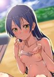  after_fellatio beach bikini bikini_lift blue_hair blush breasts clearite collarbone cum cum_in_hands cum_in_mouth cum_on_body cupping_hand day facial highres long_hair looking_at_viewer love_live! love_live!_school_idol_project navel nipples small_breasts solo sonoda_umi swimsuit yellow_eyes 