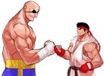  bald black_hair dougi eyebrows eyepatch fingerless_gloves fist_bump gloves hand_wraps headband height_difference highres male_focus multiple_boys muscle ryuu_(street_fighter) sagat shirtless shorts sleeveless street_fighter tetsu_(kimuchi) thick_eyebrows 