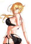  1girl ahoge artoria_pendragon_(all) artoria_pendragon_(lancer) ass back bangs bare_shoulders black_bra black_panties blonde_hair blush bra braid breasts closed_mouth commentary_request eyelashes fate/grand_order fate_(series) french_braid garter_belt green_eyes hair_between_eyes highres hips lace lace-trimmed_panties large_breasts lingerie long_hair looking_at_viewer looking_back nail_polish panties sakiyamama sidelocks signature simple_background smile solo underwear white_background yellow_nails 