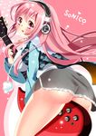  blush breasts electric_guitar fujishiro_kokoa guitar headphones instrument large_breasts long_hair looking_at_viewer miniskirt nitroplus open_mouth pink_eyes pink_hair pom_pom_(clothes) skirt smile solo super_sonico 