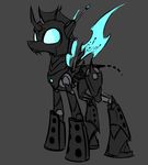  blue_eyes changeling fangs friendship_is_magic horn machine mechanical my_little_pony plain_background robot solo standing underpable wings 