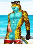  abs anthro balls barbs biceps big_penis black_fur black_nose blue_eyes blue_fur body_markings brown_fur brown_hair clothing cum cum_string cyan_fur dream_and_nightmare erection feline fur grin hair humanoid_penis leaking leopard lifeguard looking_at_viewer male mammal markings muscles necklace open_mouth outside pecs penis pose precum presenting sheath shorts sky smile solo speedo spots standing swimsuit toned tongue topless water whistle yellow_fur 