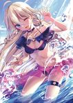  ;d ahoge bikini bison_cangshu blonde_hair blue_eyes choker dutch_angle ia_(vocaloid) jewelry long_hair navel one_eye_closed open_mouth pink_skirt ring skirt smile solo swimsuit thigh_strap vocaloid wading water water_drop 