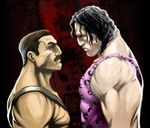  black_hair brown_hair eyebrows faceoff facial_hair final_fight height_difference hugo_andore jeff_diolata looking_at_another manly mike_haggar multiple_boys muscle mustache realistic signature tank_top 