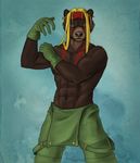  anthro bear biceps blonde_hair blue_eyes brown_fur clothing cosplay front fur gloves hair looking_at_viewer male mammal muscles nipples overalls pecs plain_background solo standing street_fighter topless treefyleaves video_games 