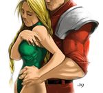  1girl blonde_hair braid breasts cammy_white commentary couple height_difference hetero highres hug hug_from_behind jeff_diolata leotard long_hair scar shoulder_armor sleeves_rolled_up spaulders street_fighter twin_braids vega what_if 