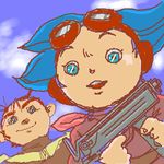  1boy 1girl child chill goggles gun jiron_amos lowres ryuji_umeno sentou_mecha_xabungle weapon 