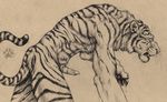  animal_genitalia anthro barbs blotch claws dripping erection eyes_closed feline feline_penis male mammal monochrome nude open_mouth pawpads penis sepia simple_background solo stripes teeth tiger 