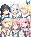  6+girls :3 :d ;d animal_ears antenna_hair bangs black_choker black_hair blonde_hair blue_eyes blue_flower blue_ribbon blush braid braided_bun cat_ears chestnut_mouth choker closed_mouth collarbone dennou_shoujo_youtuber_shiro double_bun fang flower hair_flower hair_ornament hair_ribbon hairclip hand_holding hat headband highres himehina_channel hinata_channel interlocked_fingers long_hair looking_at_viewer low_twintails mirai_akari mirai_akari_project multicolored_hair multiple_girls nekomiya_hinata nijisanji one_eye_closed open_mouth otousan952 parted_lips pink_hair purple_eyes red_ribbon ribbon school_uniform shiro_(dennou_shoujo_youtuber_shiro) short_hair side_braid side_ponytail sidelocks silver_hair smile streaked_hair suzuki_hina tanaka_hime tokyo-3_middle_school_uniform_(evangelion) tsukino_mito twintails virtual-san_wa_miteiru virtual_youtuber 