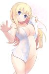  blonde_hair blue_eyes blush breasts covering heart heart-shaped_pupils highres large_breasts long_hair navel nude_cover open_towel original simple_background smile solo symbol-shaped_pupils towel white_background zi_(mumei) 