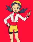  ;) bare_legs bike_shorts blue_hair crystal_(pokemon) hat ochappa one_eye_closed pink_background pokemon pokemon_(game) pokemon_gsc smile twintails 