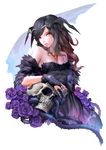 bare_shoulders black_hair circlet flower gothic highres jewelry long_hair looking_at_viewer necklace original patipat_asavasena red_eyes skull smile solo 
