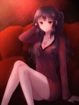  amano-sora black_hair breasts cleavage collarbone fate/prototype fate_(series) hand_in_hair long_hair medium_breasts red_eyes reiroukan_misaya sitting solo wavy_hair 