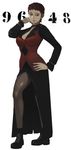  boots breasts cleavage earrings hand_on_hip jewelry large_breasts long_skirt pantyhose red_eyes red_hair short_hair side_slit skirt solo standing steward_b the_king_of_fighters vice 