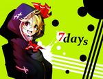 alternate_costume arikanrobo ascot blonde_hair contemporary cross darkness english green_background hair_ribbon hand_in_pocket highres hood hoodie open_mouth red_eyes ribbon rumia short_hair solo touhou zipper 
