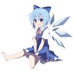  barefoot blue_dress blue_eyes blue_hair blush bow cirno dress full_body hair_bow hakobako ice open_mouth ribbon shirt short_hair simple_background solo touhou v_arms white_background wings 