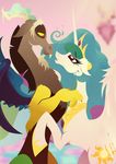  antler antlers cutie_mark discord_(mlp) draconequus duo equine fangs female friendship_is_magic gold hair horn horse male mammal multi-colored_hair my_little_pony necklace pony princess_celestia_(mlp) purple_eyes rariedash red_eyes winged_unicorn wings 