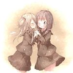  bad_id bad_pixiv_id black_skirt blonde_hair blush brown_eyes brown_hair closed_eyes holding_hands imminent_kiss kuma_(happylocation) long_hair multiple_girls original school_uniform sepia sepia_background short_hair side_ponytail skirt wince yuri 