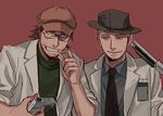  alto_clef assa blonde_hair blue_eyes brown_hair camera cigarette commentary_request facial_hair glasses green_eyes gun hat heterochromia kondraki labcoat looking_at_another male_focus multiple_boys necktie parted_lips red_background scp_foundation shotgun weapon 