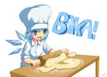  alternate_costume blue_eyes blue_hair chef_hat cirno commentary dough hat highres nac0n open_mouth pun rolling_pin short_hair signature simple_background skirt skirt_set sleeves_rolled_up solo table toque_blanche touhou white_background wings 