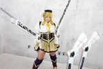  1girl asian blonde_hair breasts brown_eyes chouzuki_maryou cosplay drill_hair fingerless_gloves gloves gun hat large_breasts magical_musket mahou_shoujo_madoka_magica musket photo plump solo tomoe_mami tomoe_mami_(cosplay) twin_drills weapon 