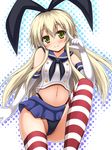  black_panties blonde_hair crop_top elbow_gloves gloves hairband kantai_collection long_hair looking_at_viewer md5_mismatch nagana_sayui navel panties sailor_collar shimakaze_(kantai_collection) solo striped striped_legwear thighhighs underwear white_gloves 