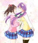  2girls black_hair black_legwear blue_skirt blush bow collared_shirt commentary_request cowboy_shot face-to-face flower green_eyes green_neckwear hair_bow holding holding_flower leaning_forward long_hair long_sleeves looking_at_another love_live! love_live!_school_idol_project multiple_girls open_mouth otonokizaka_school_uniform pleated_skirt profile purple_hair red_bow red_eyes school_uniform shindo shirt skirt smile thighhighs toujou_nozomi twintails yazawa_nico yellow_flower yuri 