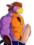  anthro arm_hair armpit_hair avian beak biceps big_muscles big_penis binturongboy body_hair brown_hair bulge chest_hair clothing ears_back falcon_mccooper falcon_mccooper_(character) grin hair hairy humanoid_penis hyper hyper_penis looking_back male masturbation muscles orange_belly orange_skin pecs penis plain_background precum pubes purple_body purple_skin shorts smile solo standing toned topless uncut white_background 