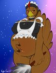  anthro avian big_breasts bird blush bottomless breasts brown_eyes chicken cleavage clothed clothing female hen maid maid_uniform nightfaux pregnant pussy ruthie solo turkey wide_hips 