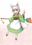  :o animal_ears apron aqua_hair bell broom fox_ears fox_tail frilled_kimono frills highres japanese_clothes ki_hadachi kimono maid maid_apron maid_headdress original sandals short_hair_with_long_locks solo tail white_hair wide_sleeves 