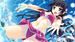  bikini bikini_skirt black_hair day game_cg green_eyes guardian_place hair_ornament highres long_hair navel ocean outdoors red_bikini saeki_hokuto sky solo splashing suminoin_ouka sun swimsuit wading water 