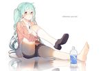  aqua_hair bad_id bad_pixiv_id barefoot blush bottle earrings feet full_body hatsune_miku highres jewelry leg_lift legs long_hair panties pointing reflection ryuutsuki_basetsu shoes simple_background single_shoe skirt socks solo thighs underwear vocaloid 