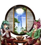  animal_ears bowl breasts chair cleavage collarbone cup food futatsuiwa_mamizou glasses green_hair kazami_yuuka kazami_yuuka_(pc-98) kiseru large_breasts leaf leaf_on_head long_hair long_sleeves looking_at_viewer multiple_girls open_clothes open_vest open_window pants pillar pipe purple_hair raccoon_ears raccoon_tail red_eyes shirt short_hair sitting skirt smile table tail tanuki teacup touhou touhou_(pc-98) tree vest window yuzu_momo 